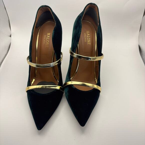 Malone Souliers Green Velvet Heels Gold Bands Pointed Toe Stiletttos 38.5 8-8.5 - Picture 2 of 7
